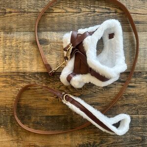 Small Medium Dog Harness Leash Set Fleece Vest PU Leather Brown White Size S